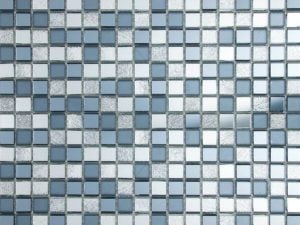 Alara Mix Mini Glass Squares Mosaic Tile in contrasts of grey, off white and blue color. For kitchen backsplash and bathroom walls