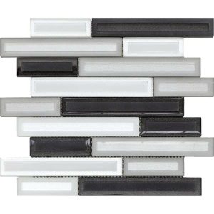 Dark grey color glass mosaic that comes in linear sticks with a glossy finish. Trendy decorative tile for kitchen, vanity backsplash, and bathroom walls.