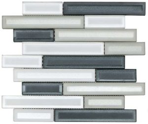 Light grey color glass mosaic that comes in sticks with a gloosy finish
