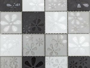 Blumen Grey Flower Printed Glass Mosaic in Black, Light grey and white squares. Mosaic tile for kitchen backsplash and bathroom walls