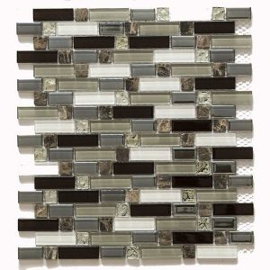 Dubai Strips Glass and Stone Mix Mosaic Tile. Brown Marble Inserts and Brown, Grey Glass Pieces for kitchen backsplash and bathroom walls