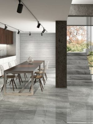 Lithium Silver is a grey porcelain tile with the look of limestone. It comes with distinctive natural stone movements.