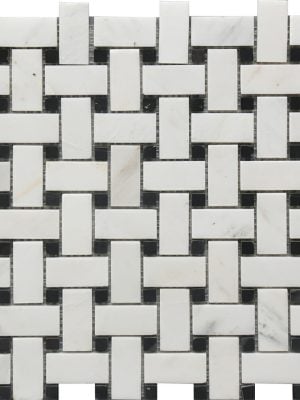 White Dolomite basket weaves with black dots for kitchen backsplash, bathroom and shower walls or floors. Comes on 12x12 mesh.