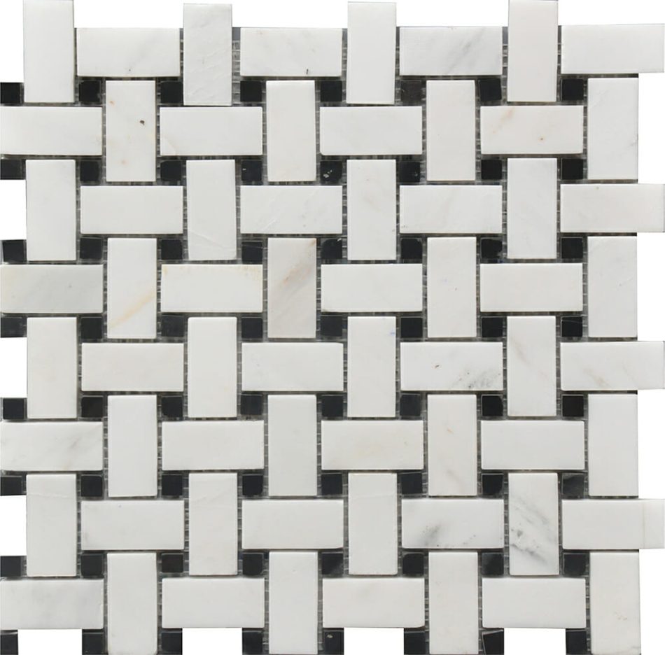 White Dolomite basket weaves with black dots for kitchen backsplash, bathroom and shower walls or floors. Comes on 12x12 mesh.
