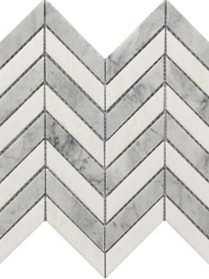 White and grey marble Chevron Pattern decorative mosaic tile on an 11" x 12" sheet for kitchen backsplash, bathroom and shower wall or floors.