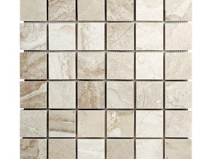 Diana Royal beige marble squares mosaic tile for kitchen backsplash, bathroom and shower walls or floors. Available on 12x12 mesh