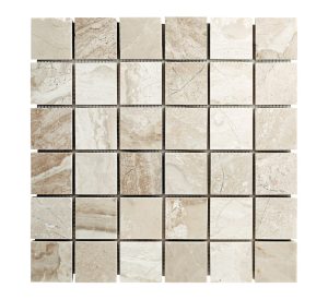Diana Royal beige marble squares mosaic tile for kitchen backsplash, bathroom and shower walls or floors. Available on 12x12 mesh
