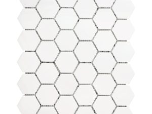 White Dolomite 2x2 hexagon mosaic tile for shower floor, kitchen backsplash, and wall mosaic tile. Available on 12x12 mesh with the polished finish.