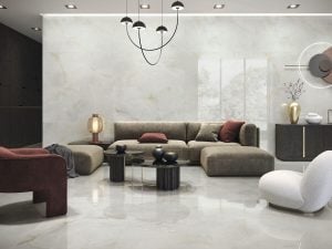 living room with gray onyx tile