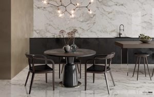 white tile with beige veining on the walls and floors in a dining room White and Beige Tile