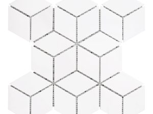 3D Mosaic Rhombus White is decorative white dolomite tile for kitchen backsplash, bathroom and shower walls or floors. Available on the mesh.