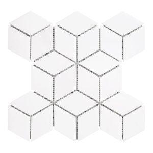 3D Mosaic Rhombus White is decorative white dolomite tile for kitchen backsplash, bathroom and shower walls or floors. Available on the mesh.