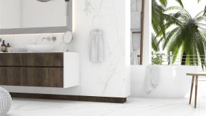 This is a polished, 24x48 porcelain tile made to reduce the seam and grout on the floors.