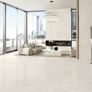 extra large porcelain tile in light color in condo on the water