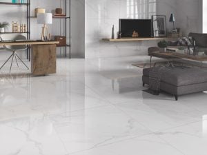 white porcelain tile with the look of Carrara Marble