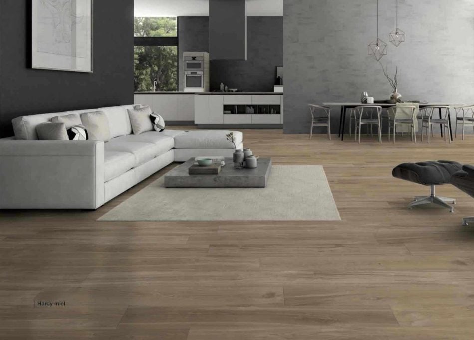 Hardy Miel is a porcelain tile that looks like wood from Spain in light earth tones