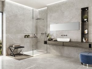 bathroom scene with a 24x48 polished tile in light gray color