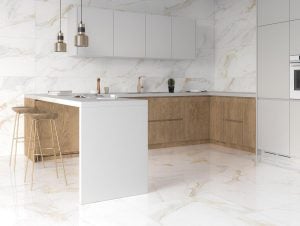 kitchen walls and backsplash with white and beige porcelain tile