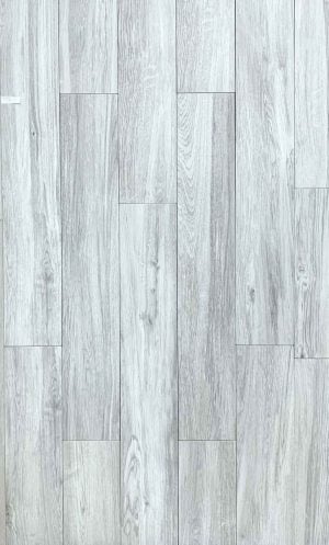 Porcelain floor tile with grey wood grains on a white background in the whitewash style