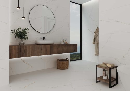 modern bathroom design with a white porcelain tile with beige