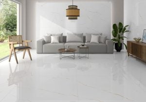 living room floor with white porcelain tile and beige