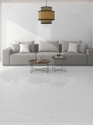 living room floor with white porcelain tile and beige