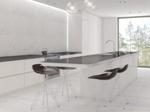 porcelain tile with the look of white marble and soft grey veining
