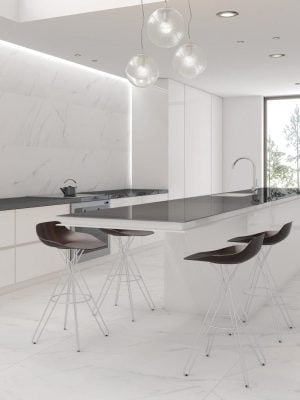 porcelain tile with the look of white marble and soft grey veining