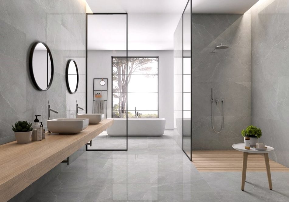 Modern bathroom designed with gray limestone look porcelain tile