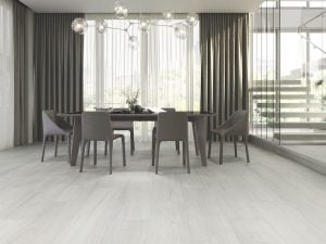 light gray color wood look tile in dining room