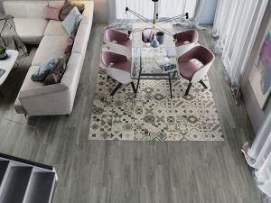 Living and dining area with gray wood looking tile