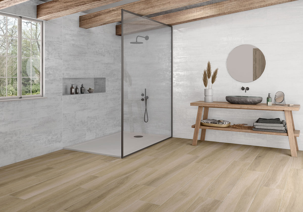 bathroom floors with porcelain tile that looks like wood in French oak style