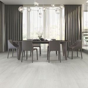 light gray color wood look style tile floor with large format