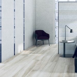 bathroom floor with large size wood look tile in light taupe color