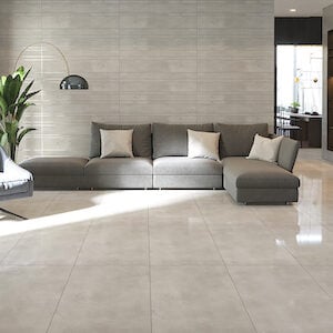 polished concrete style floors with porcelain tile in a living room