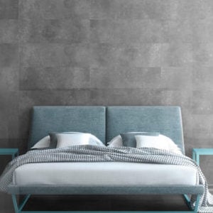 bedroom wall with concrete style tile in dark gray color