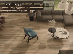 living and dining room scene with natural wood looking porcelain tile