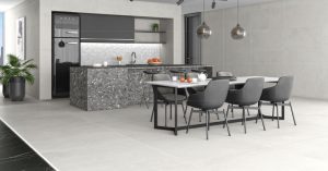 Lema White 36x36 Matte Finish tile with the look of concrete floors in very light beige color