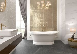 bathroom accent wall with real gold glazed subway tile