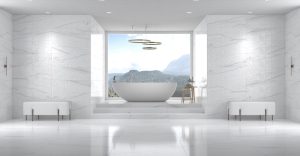 TAU Ceramica white porcelain floors with the look of Mont Blanc Quartzite
