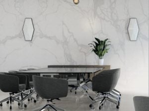 Accent wall with Kalos Porcelain Slab that looks like a white marble with light gray veining