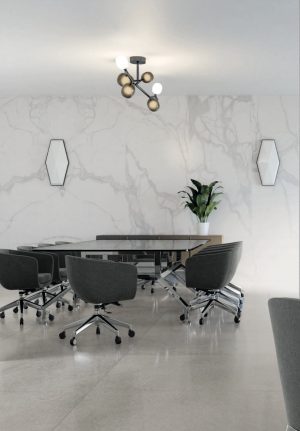Accent wall with Kalos White Porcelain Slab that looks like a white marble with light gray veining