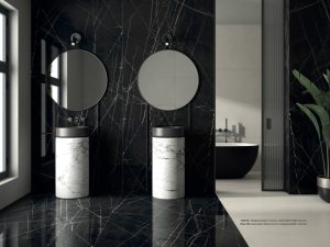Bathroom Walls wit black Porcelain Slab with some white veining 48x103