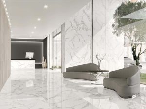 white porcelain tile with the look of Araescato Marble