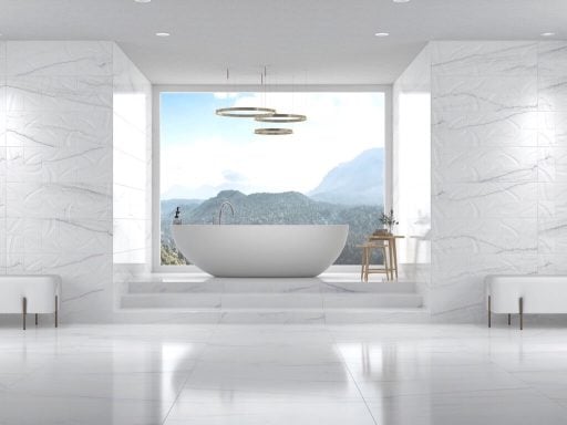 wholesale tile store picture depicting a white bathroom with marble style porcelain tiles