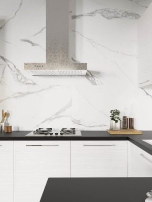 kitchen with porcelain tile that looks like white marblet