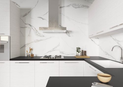 kitchen with porcelain tile that looks like white marblet