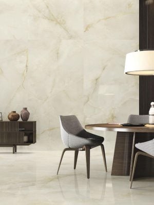 living room wall and floors with a cream color porcelain tile that looks like onyx in the 48x48 size