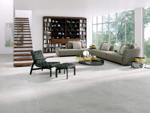 contemporary style living room scene with white concrete tile in large format