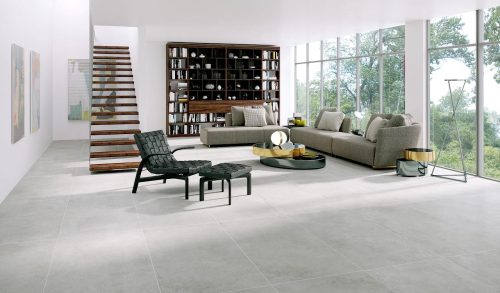 48x48 porcelain tile that looks like white concrete floors in a living room